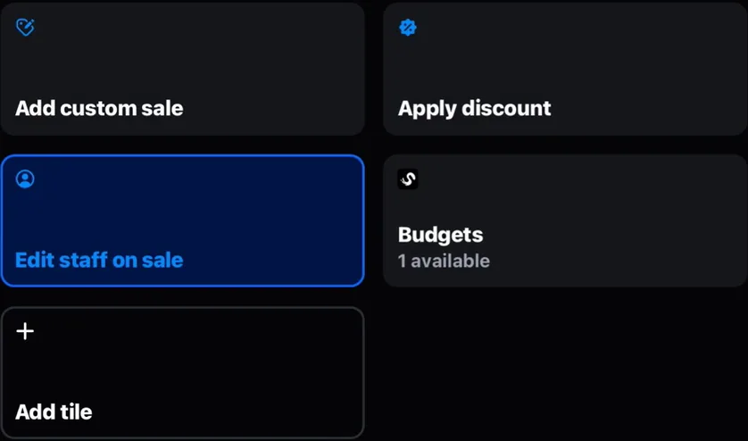 Shopify POS smart grid with the Shopwaive Budgets tile reading 1 available, beside Add custom sale, Apply discount and Edit staff on sale.
