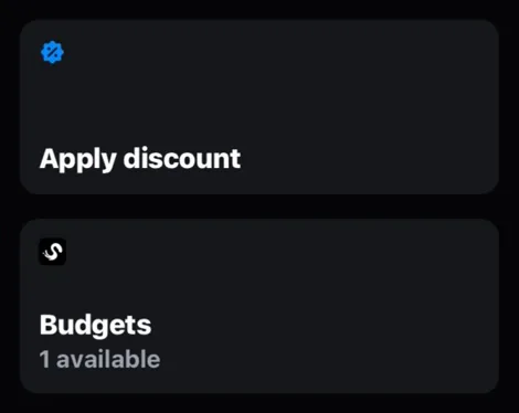 Shopify POS smart grid on a Budgets store: Shopify's Apply discount tile, and below it the Shopwaive tile reading Budgets, 1 available.