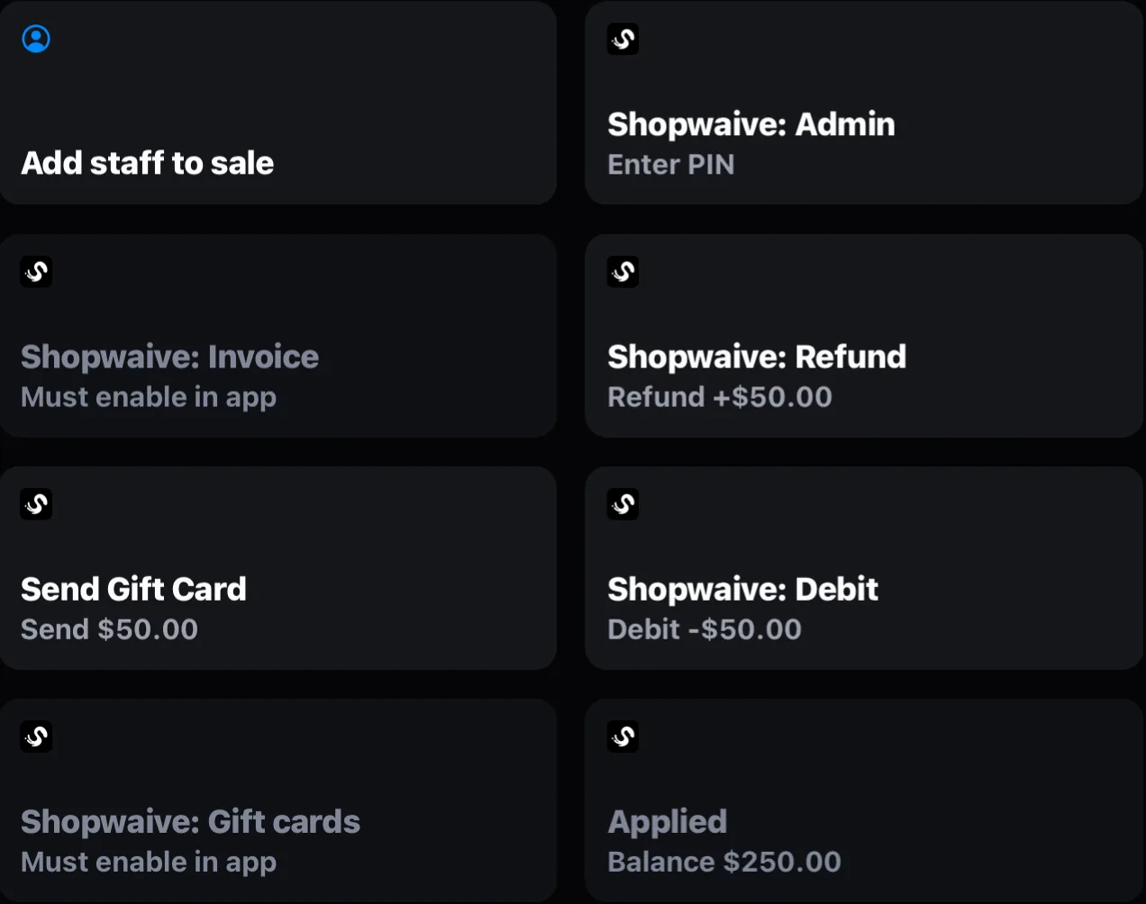 Shopify POS on an iPad with the Shopwaive tiles in the smart grid: Admin, Invoice, Refund, Send Gift Card, Debit, Gift cards, and the Account tile showing a balance of $250.00 applied to the sale.
