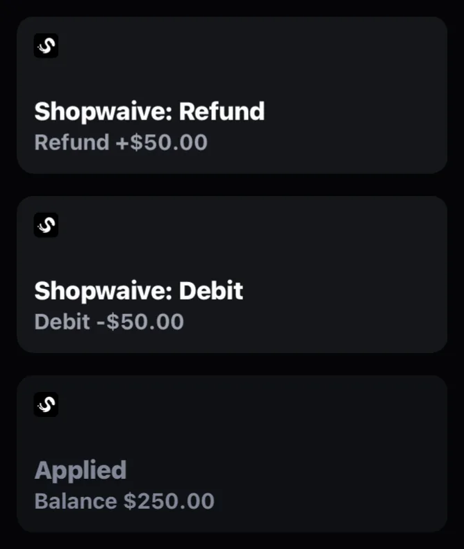 Shopify POS on an iPad: the Shopwaive Refund and Debit tiles, and the Account tile reading Applied, with a balance of $250.00 applied to the sale.